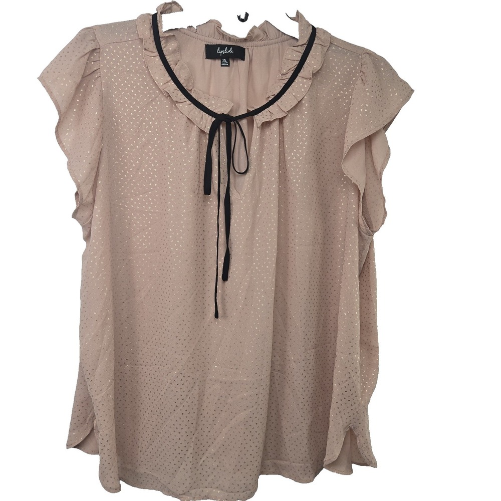 Lipslide Plus 3X Women's Apricot Gold Print Chiffon Tie-Front Flutter Blouse Top